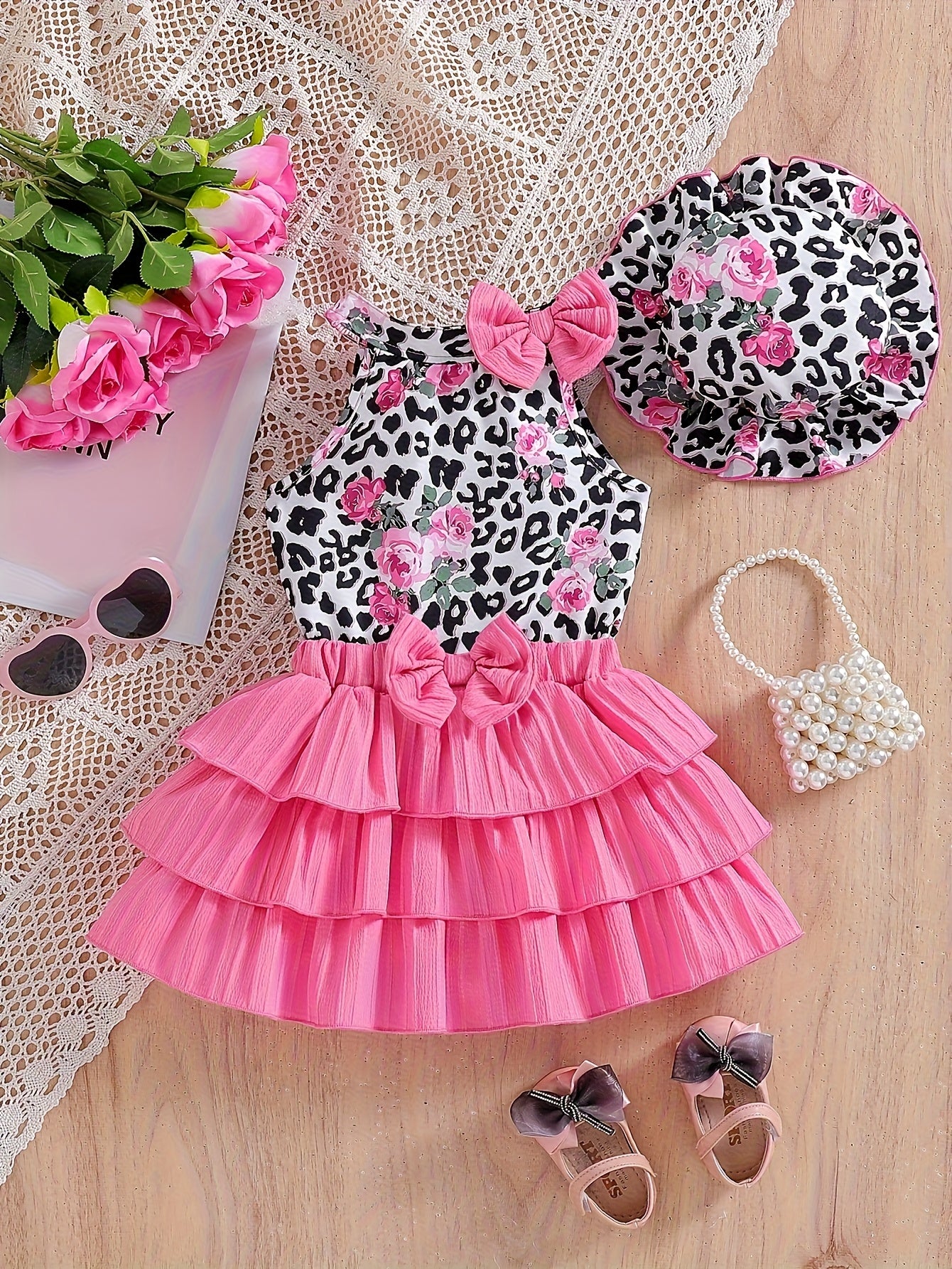 Girls' Fashion Leopard Print Rose Vest with Puff Skirt and Sun Hat Street Style Three-Piece Set