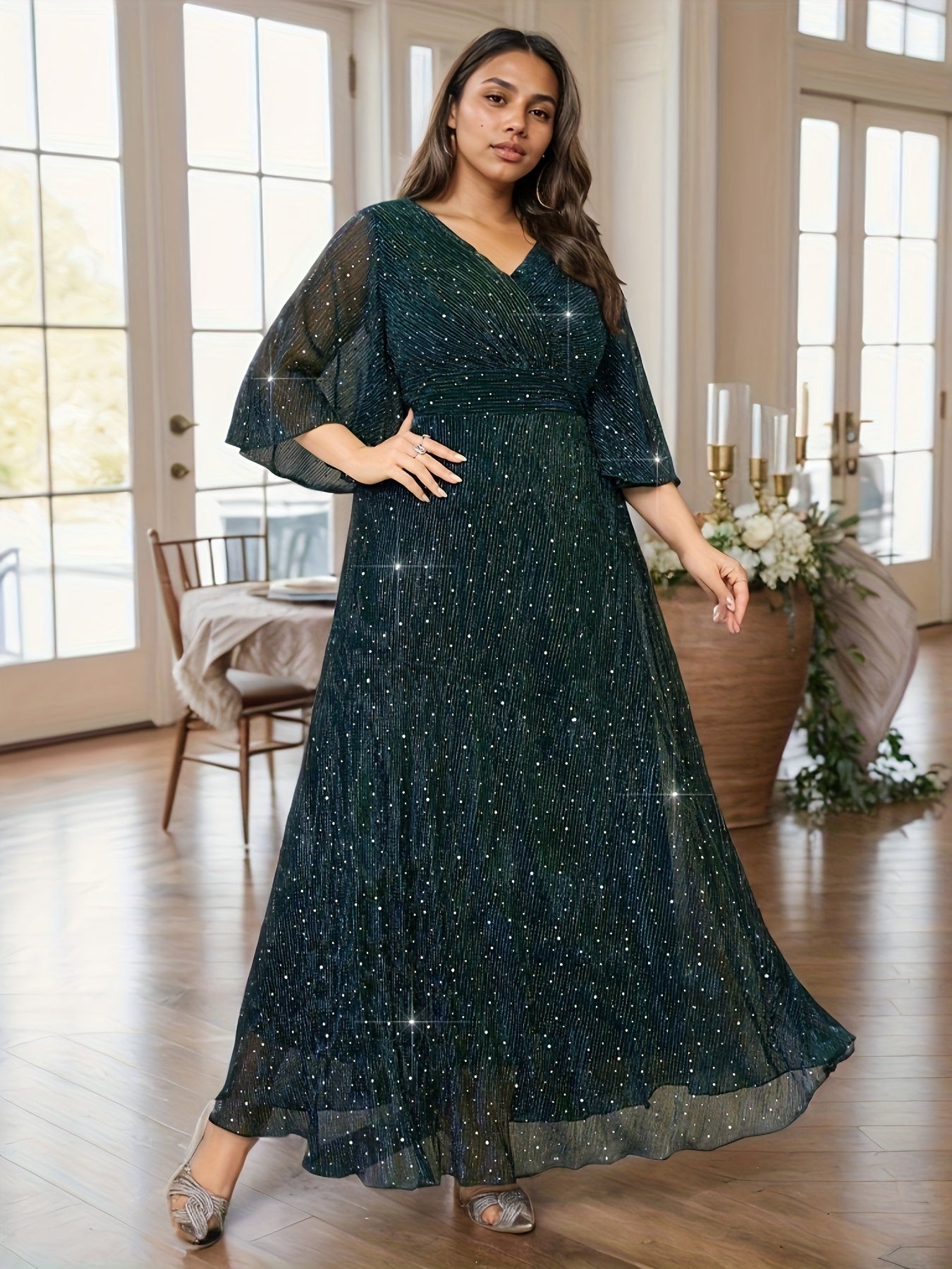 Plus Size Middle Eastern Sequined V-Neck Bridesmaid Dress with Ruffle Sleeves