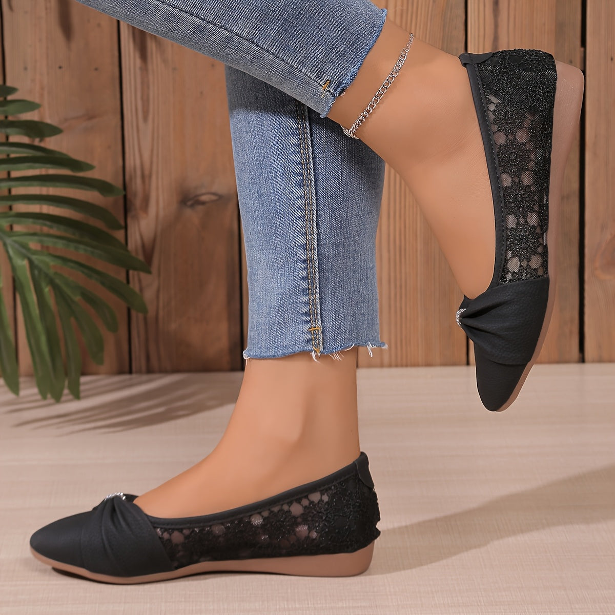 [White Rhinestone Flats] Comfortable White Pointed Toe Flats | Women's Rhinestone Bow Slip-On Shoes with Lace-Trimmed Fabric Upper &