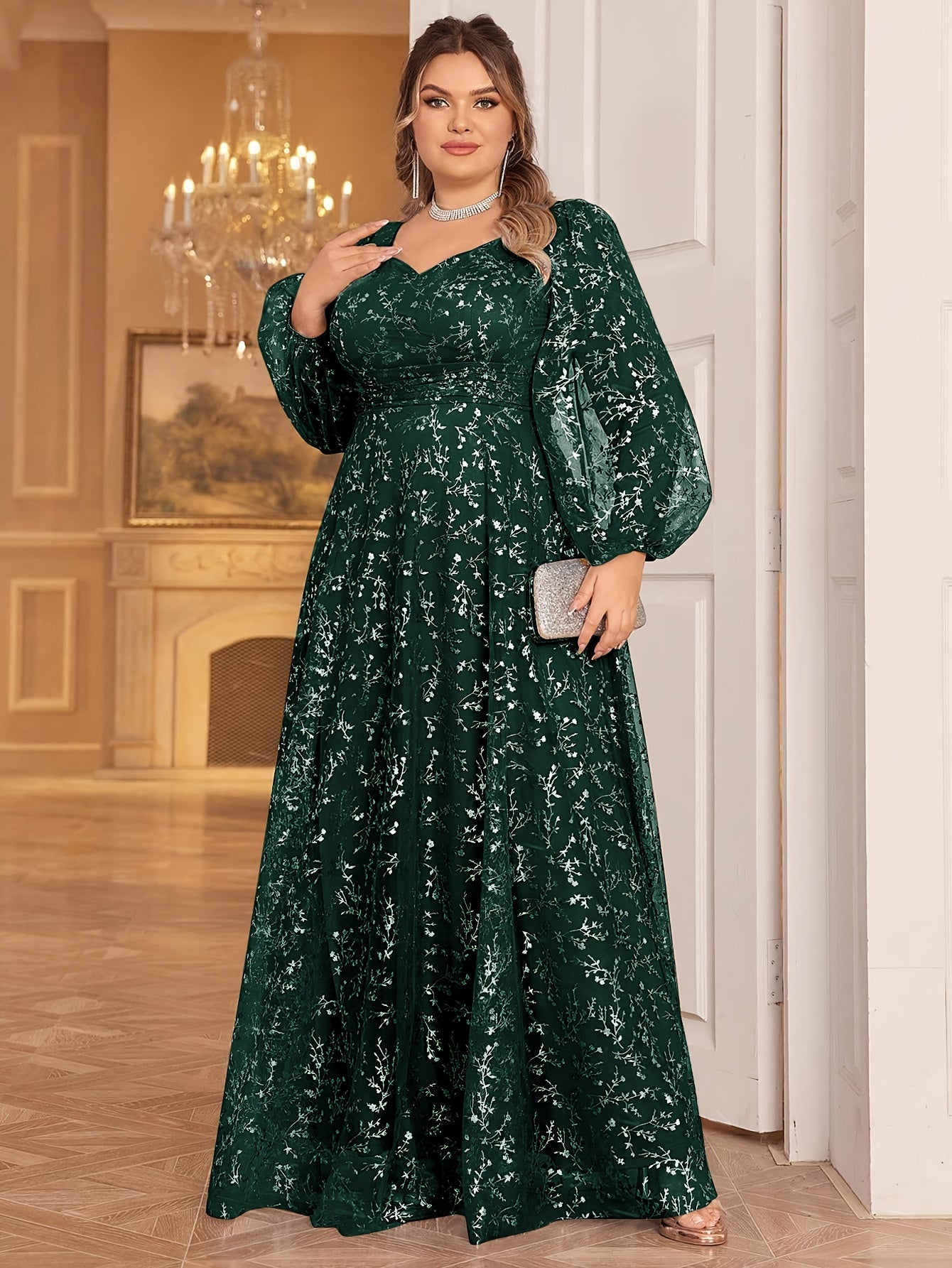 Plus Size, Plus Size Women's Golden Foil Floral Mesh Sweetheart Neck Lantern Sleeve