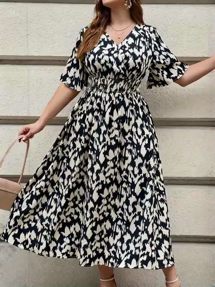 V-Neck Puff Sleeve Leopard Print Dress