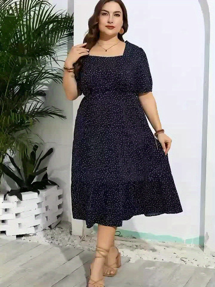 Deep Blue Polka Dot Maxi Dress with Puff Sleeves