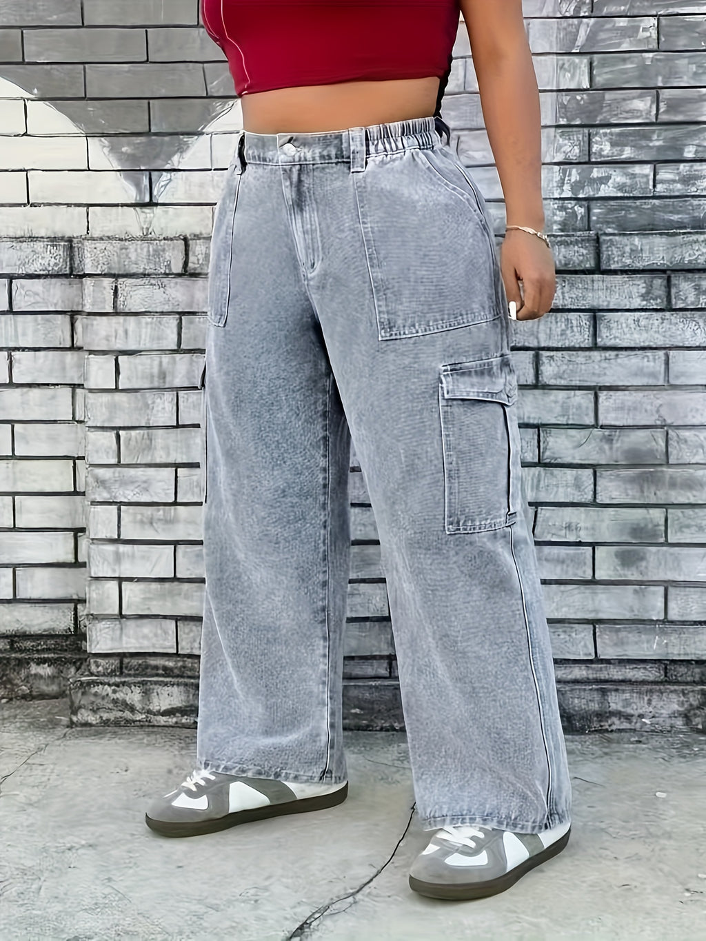 Women's Plus Size Light Blue Cargo Jeans - High-Stretch Denim with Pockets, Casual Style