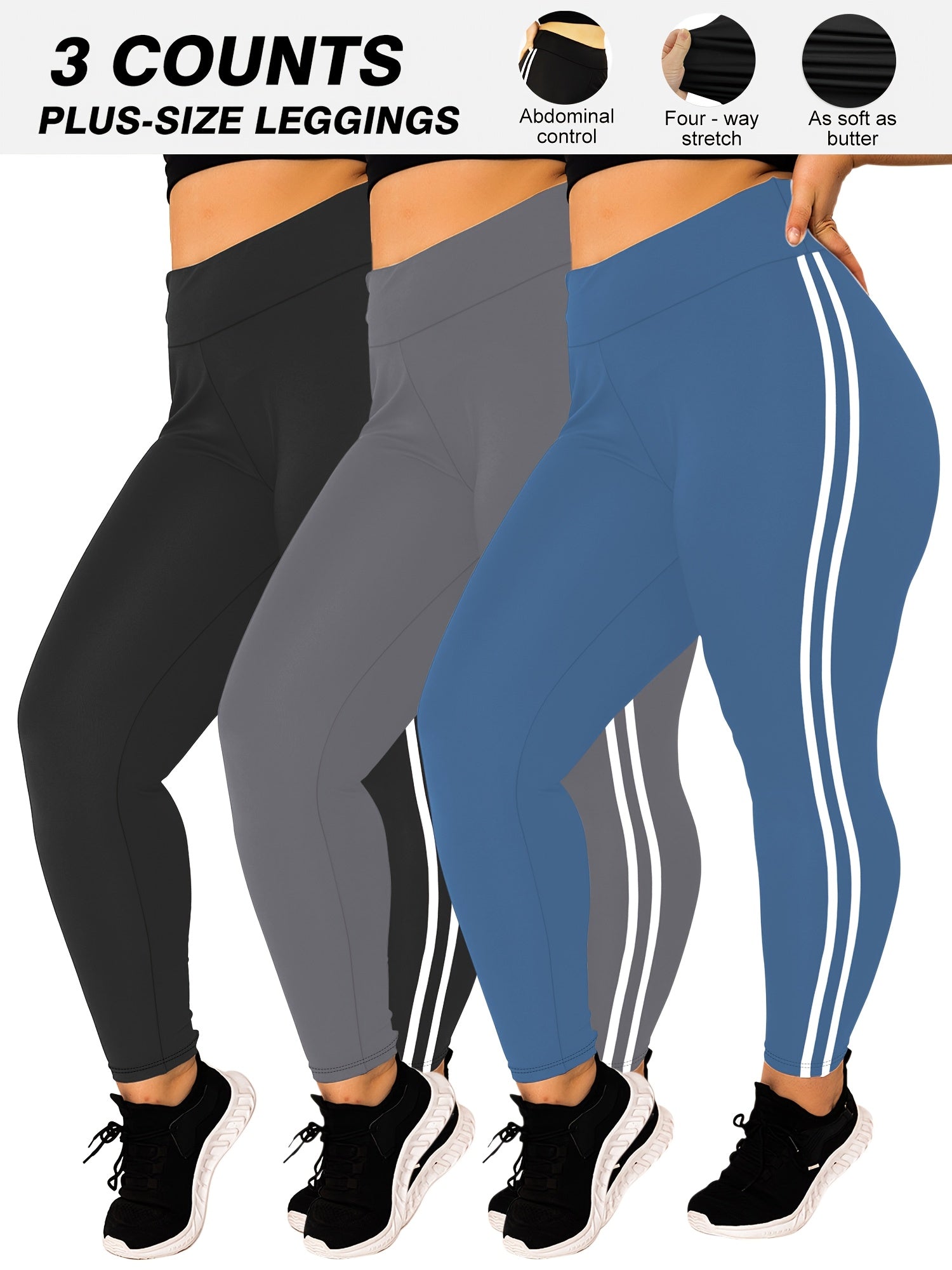 3-Pack Plus Size High-Waisted Tight-Fit Leggings