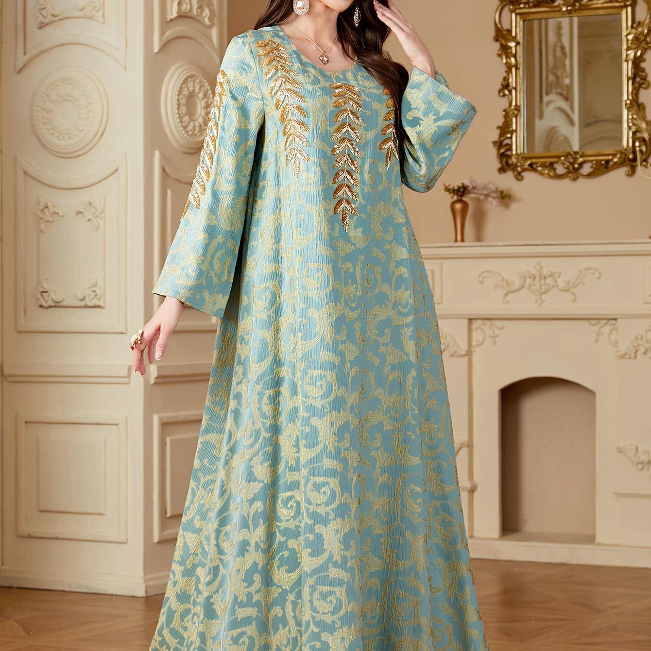 Women's Elegant Middle Eastern-Inspired A-Line Dress with Floral Appliqué