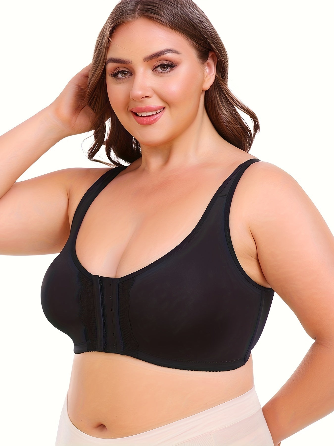 Plus Size Women's Front-Opening Sports Bra, V-Neck, Stretchy Polyester, Solid Color with Lace Detail, No Padding, Low Support, Knit Fabric, for