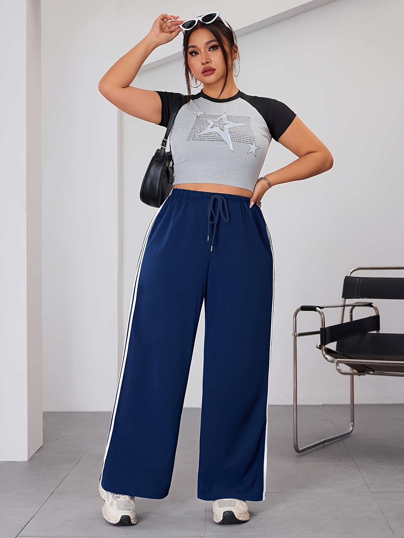Plus Size Wide Leg Pants with Side Stripes