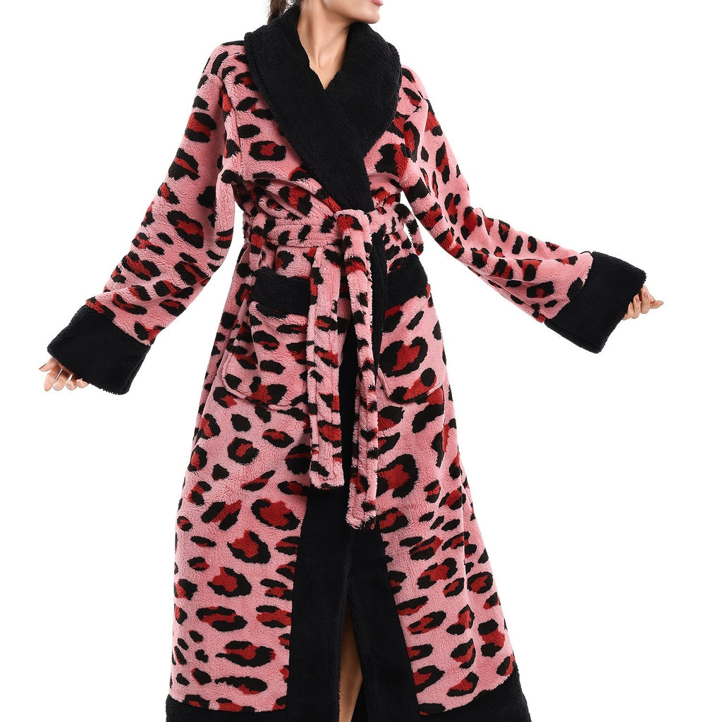 1pc Women's Elegant Leopard Print Robe & Sleepwear - Oversized Winter Cozy Plush Bathrobe