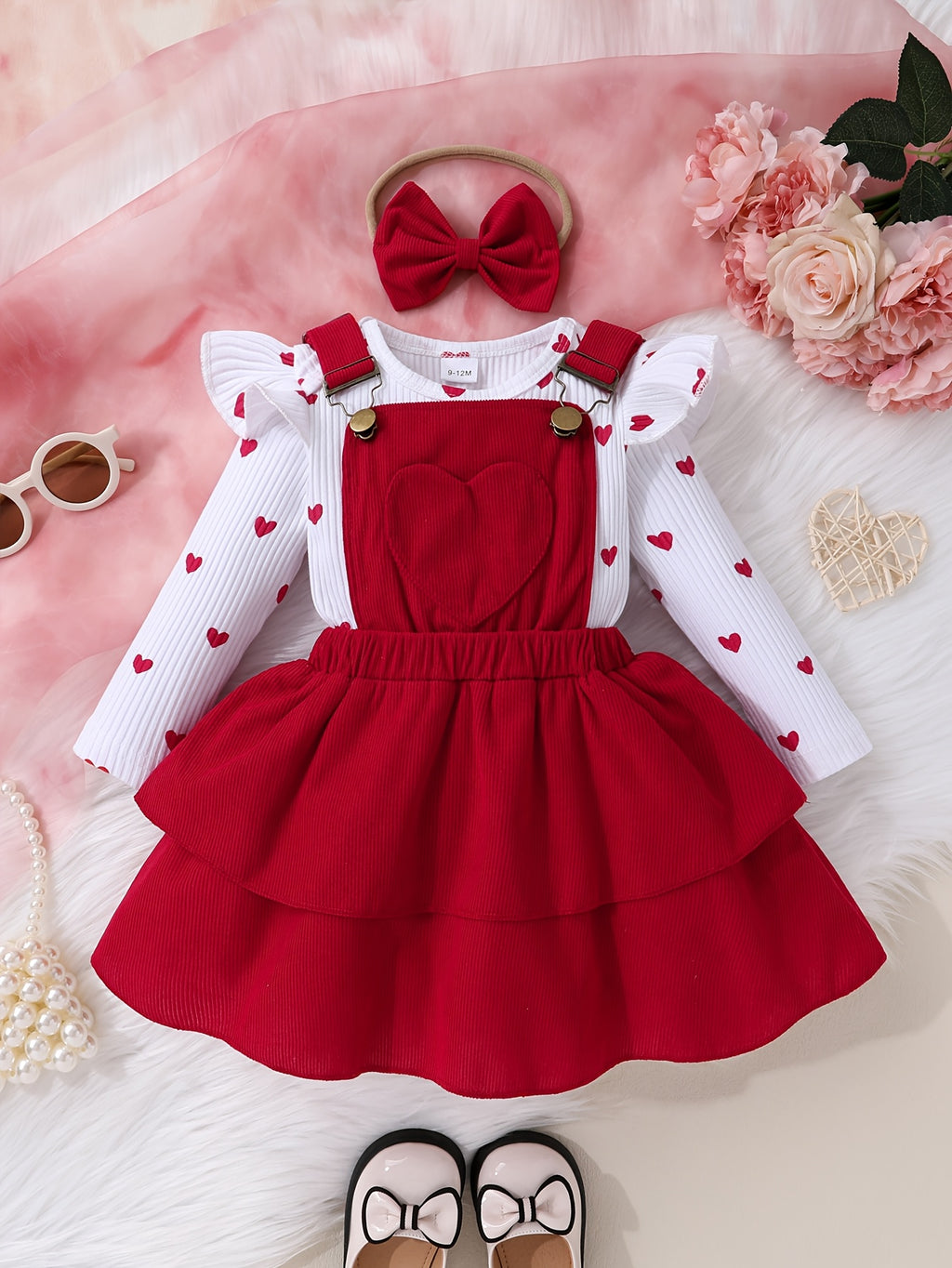 Set of 3pcs Baby Girl Heart Print Leaf Sleeve Top