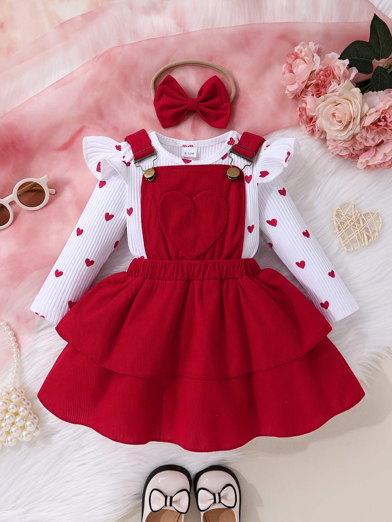 Set of 3pcs Baby Girl Heart Print Leaf Sleeve Top