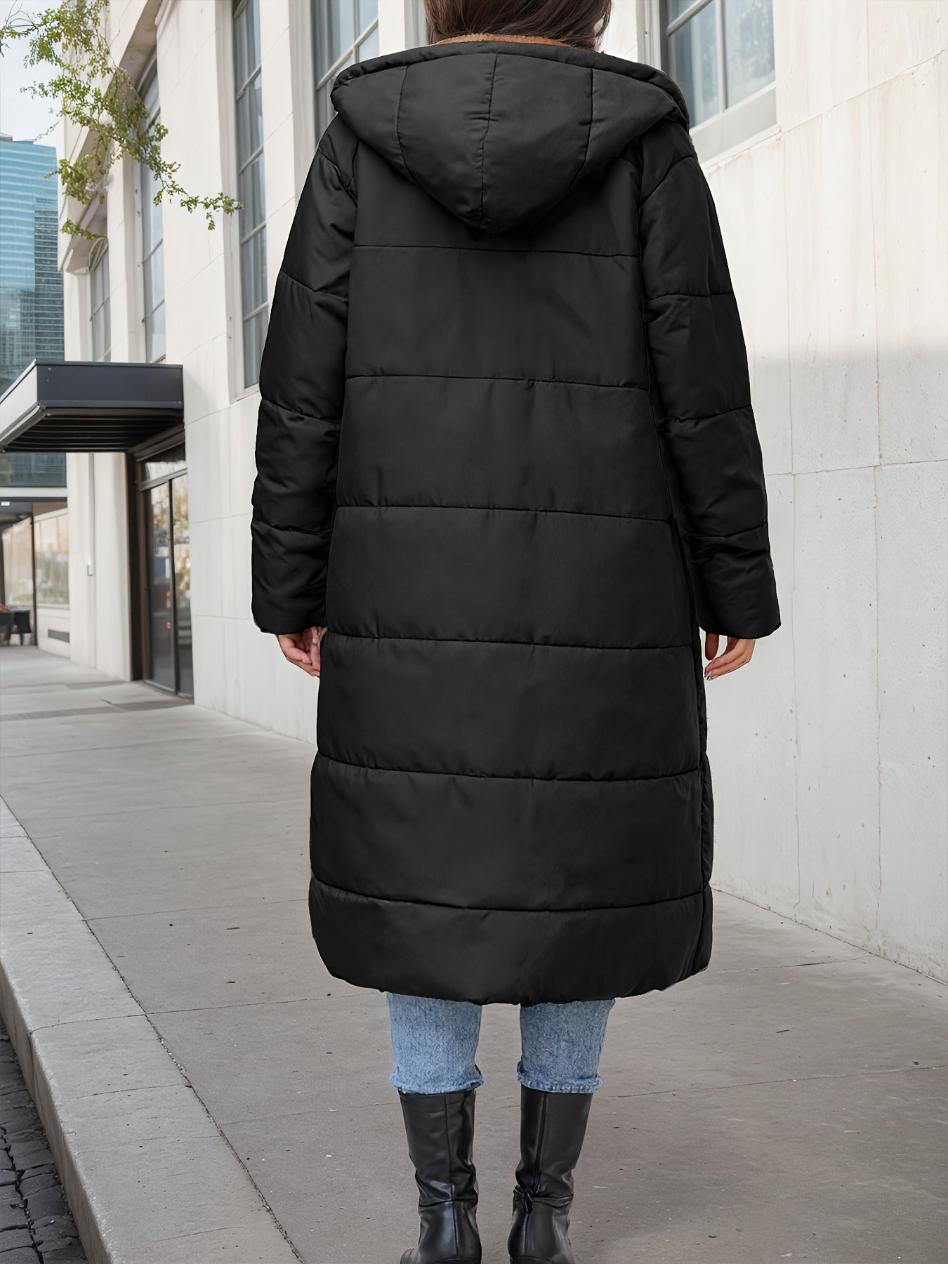 Women's Elegant Plush-Like Quilted Hooded Coat - Long Winter Jacket with Hood