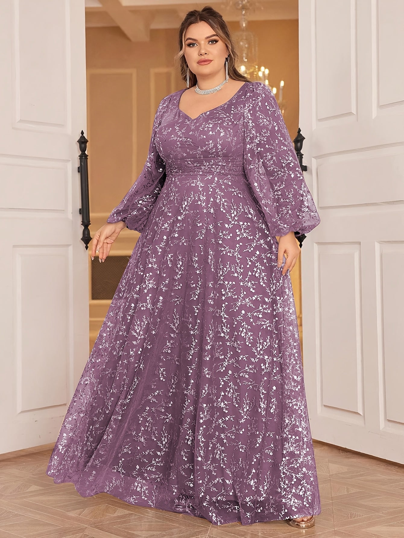 Plus Size, Plus Size Women's Golden Foil Floral Mesh Sweetheart Neck Lantern Sleeve