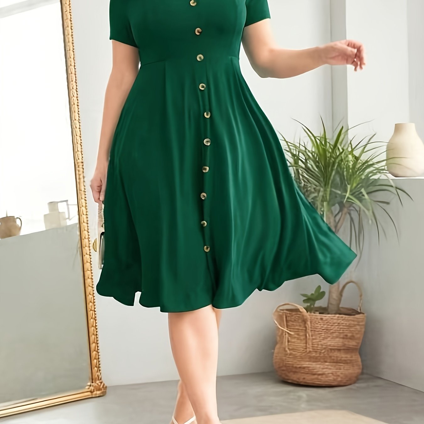 Elegant Plus Size V-Neck Dress with Button Details