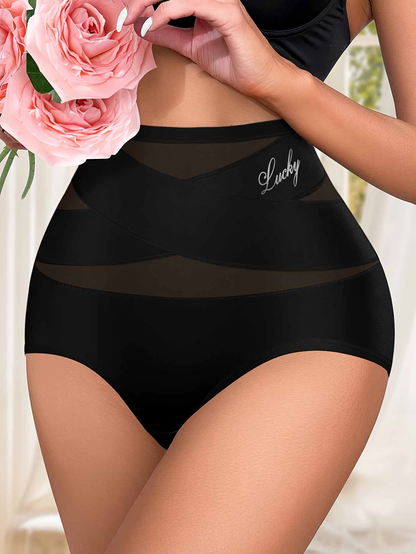 1pc MIOTAN High-Waisted Tummy Control Women'S Briefs, Breathable Mesh Crossed Waist Cincher, Fiber, Seamless Shaping Underwear with Butt Lifting, Elegant Solid Color, 90% Polyester 10% Elastane, 200gsm Knit Fabric - 1pc