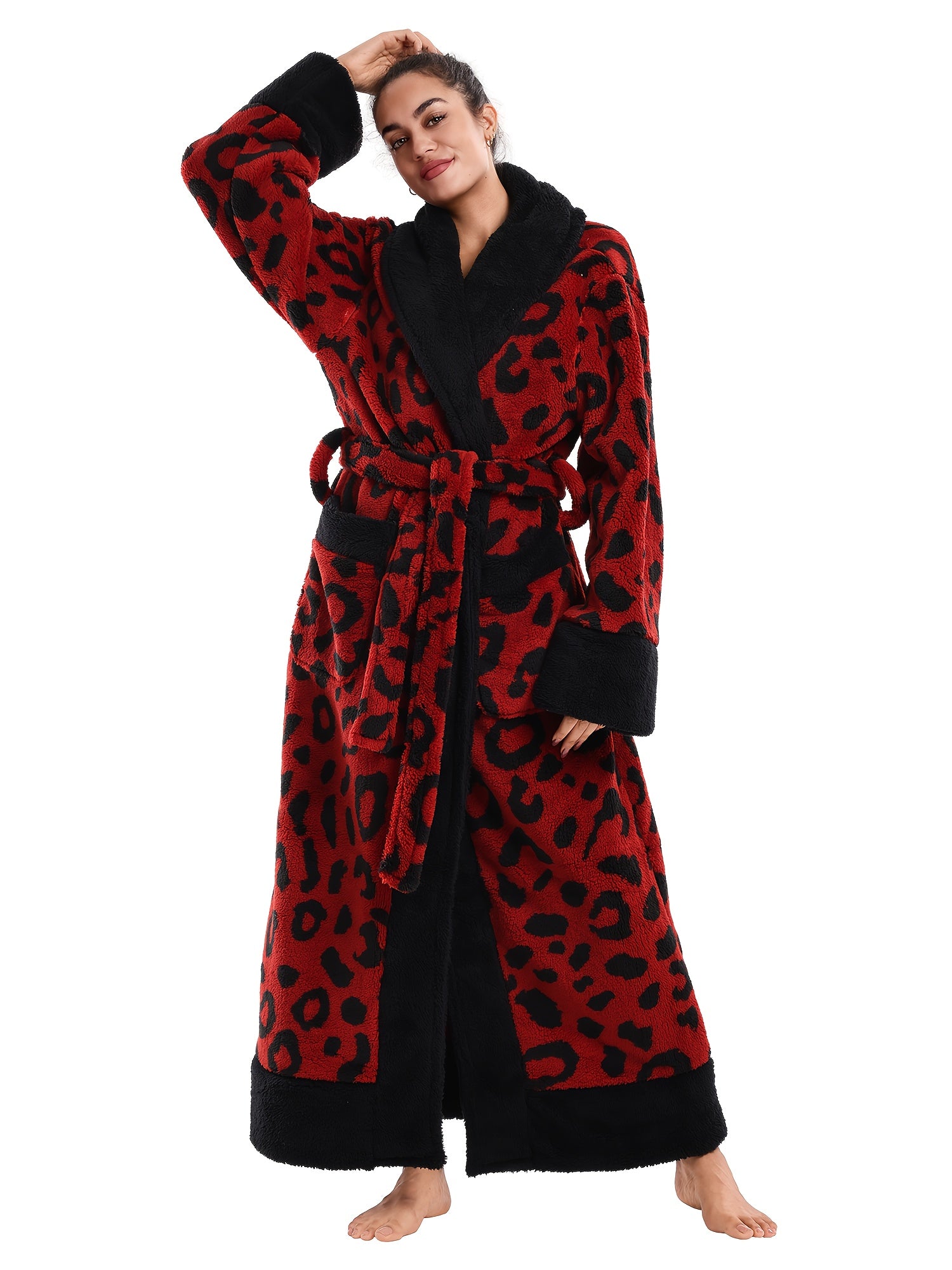 1pc Women's Elegant Leopard Print Robe & Sleepwear - Oversized Winter Cozy Plush Bathrobe