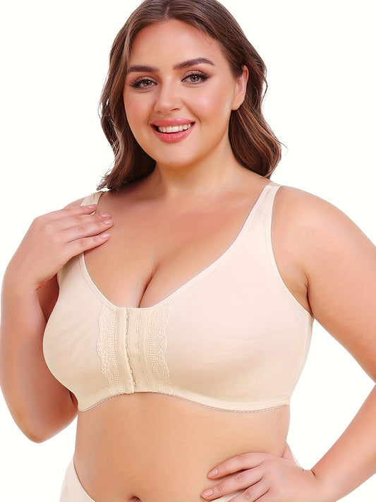 Plus Size Women's Front-Opening Sports Bra, V-Neck, Stretchy Polyester, Solid Color with Lace Detail, No Padding, Low Support, Knit Fabric, for