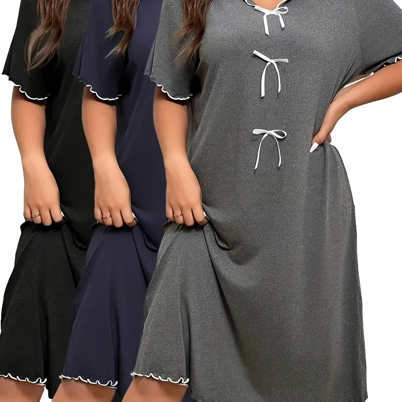 3pcs Set Women's Plus Size Solid Color Simple Collarless Sleep Dress with Ruffle Design Casual Lounge Wear