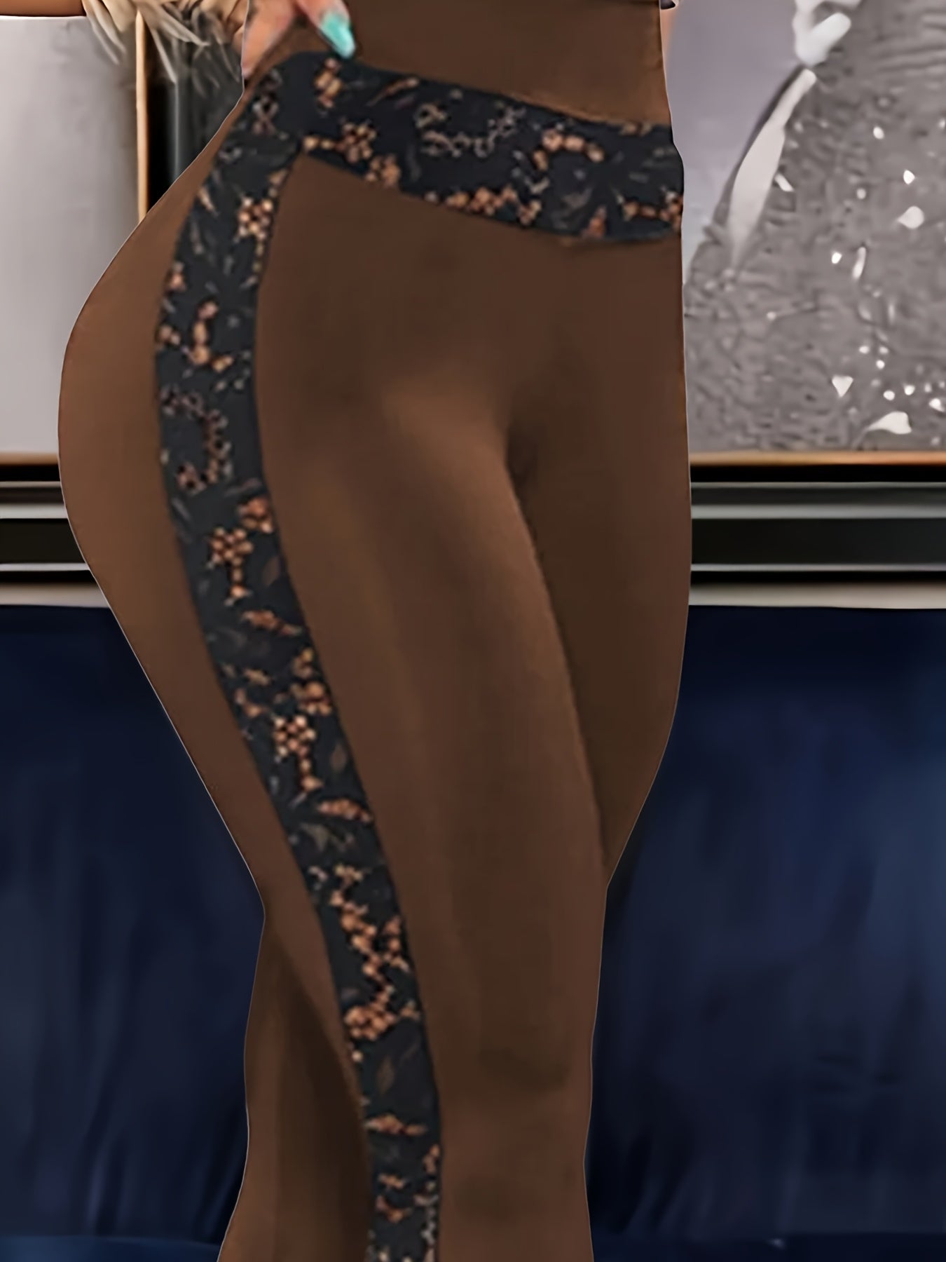Women's High-Waist Pants with Lace Trim - Stretchy Legging