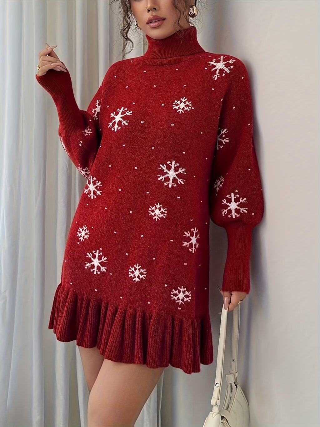 Women's Elegant Red Sweater Dress with Ruffled Hem & Snowflake Pattern Christmas Fall Winter