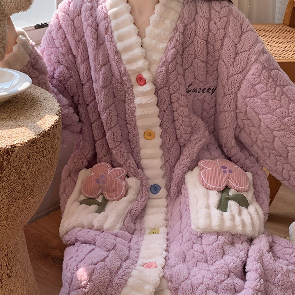 Cozy Coral Fleece V-Neck Long Sleeve Night Dress with Pockets - Plus Size Sleepwear