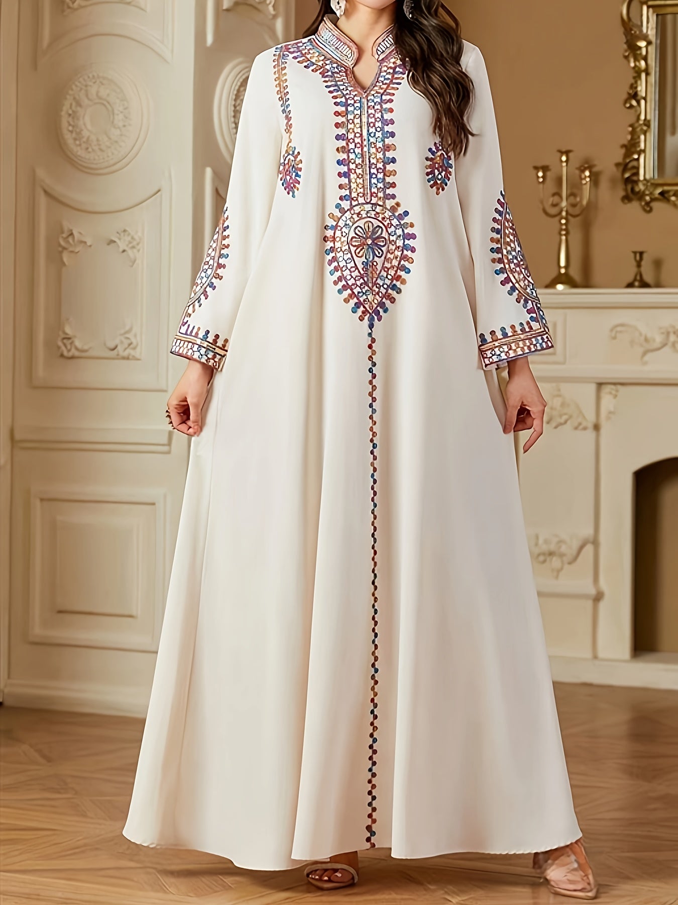 Elegant Middle Eastern-Style Long Dress with Intricate Designs
