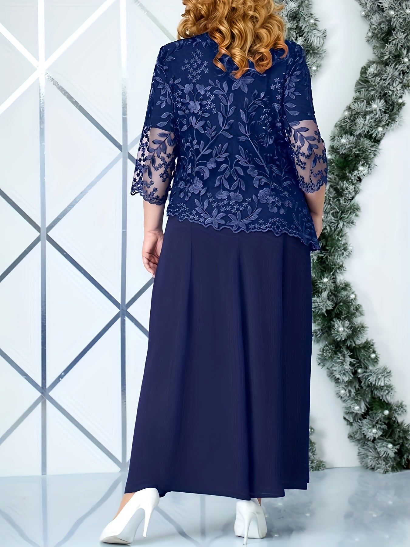 Plus Size Elegant Embroidered Lace Midi Dress for Women - Sleeveless, Chiffon Fabric, Crew Neck, Ball Gown Skirt, Summer Wedding Party