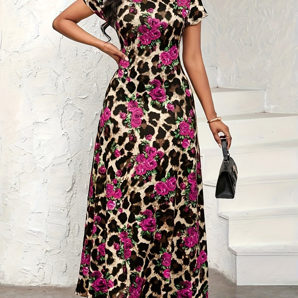 Women's Elegant Leopard Floral party dress - Flared A-Line skirt