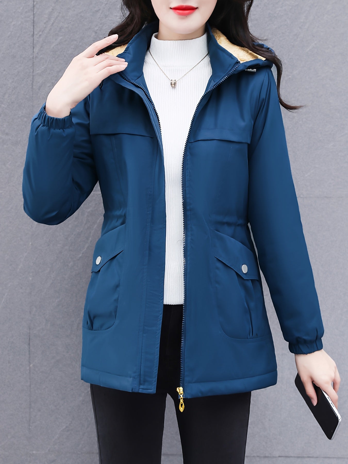 Women's Thick Winter Jacket with Collar - Warm Mid-Length Zippered Coat