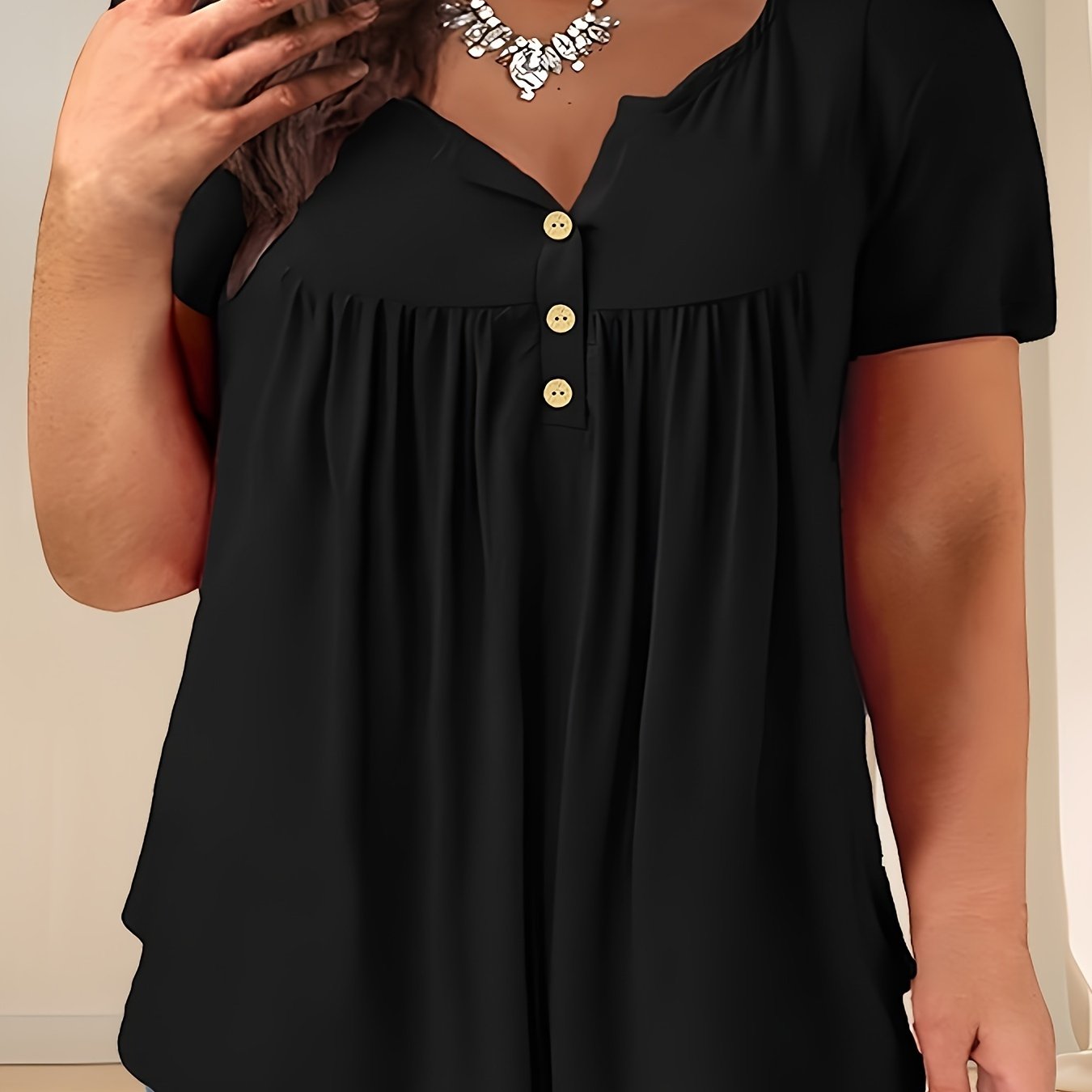 Women'S Plus Size Casual Buttoned Pleated T-Shirt, Summer Knit Fabric Top, Crew Neck, Solid Color, Slight Stretch, Oversized Pullovers,