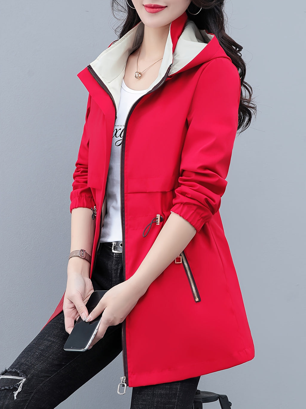 Women's Reversible Long Sleeve Windbreaker Jacket, Fit, Detachable Hood & Zipper Closure