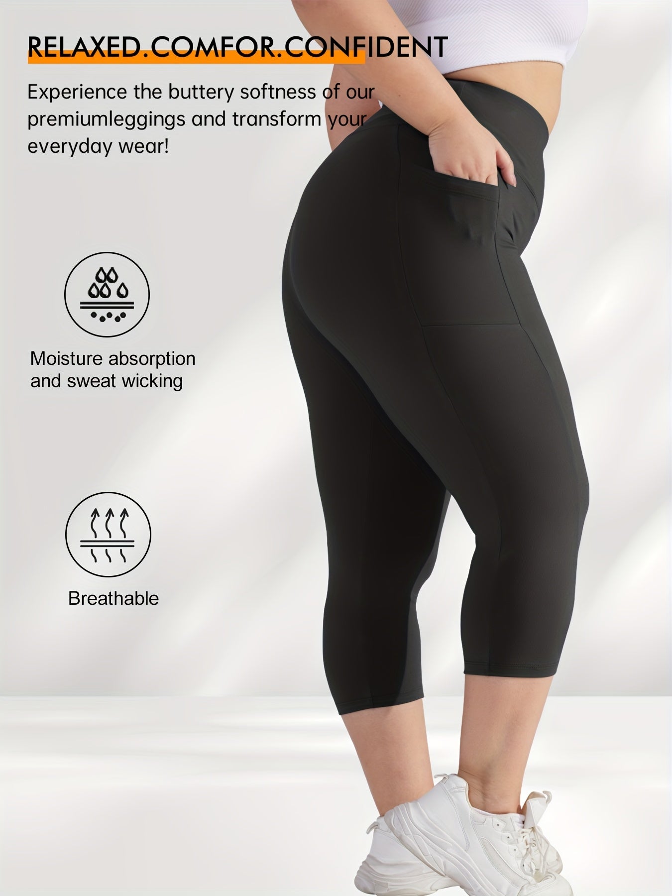Women's Plus Size High-Waisted Capri Leggings with Side Phone Pockets