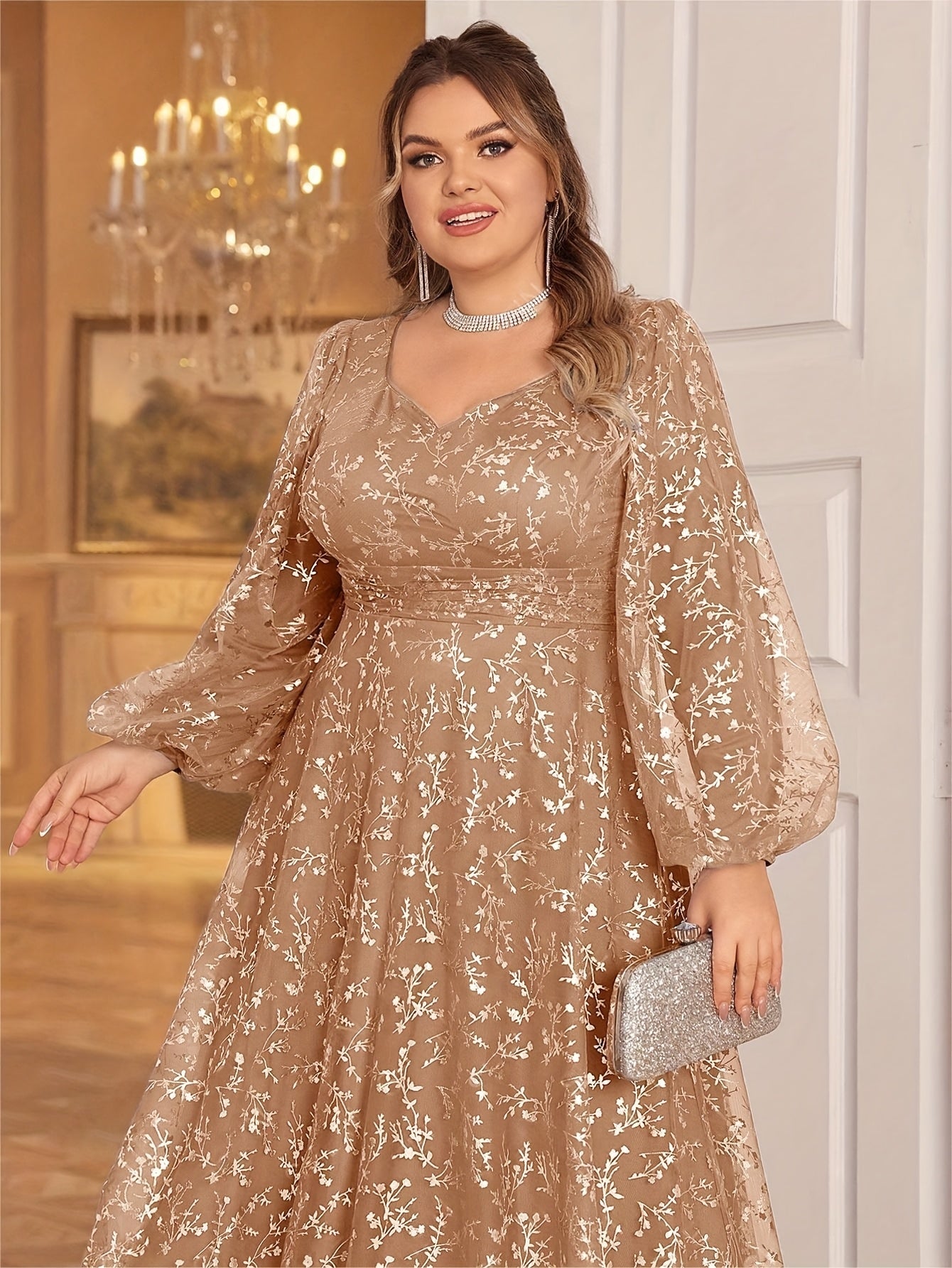 Plus Size, Plus Size Women's Golden Foil Floral Mesh Sweetheart Neck Lantern Sleeve