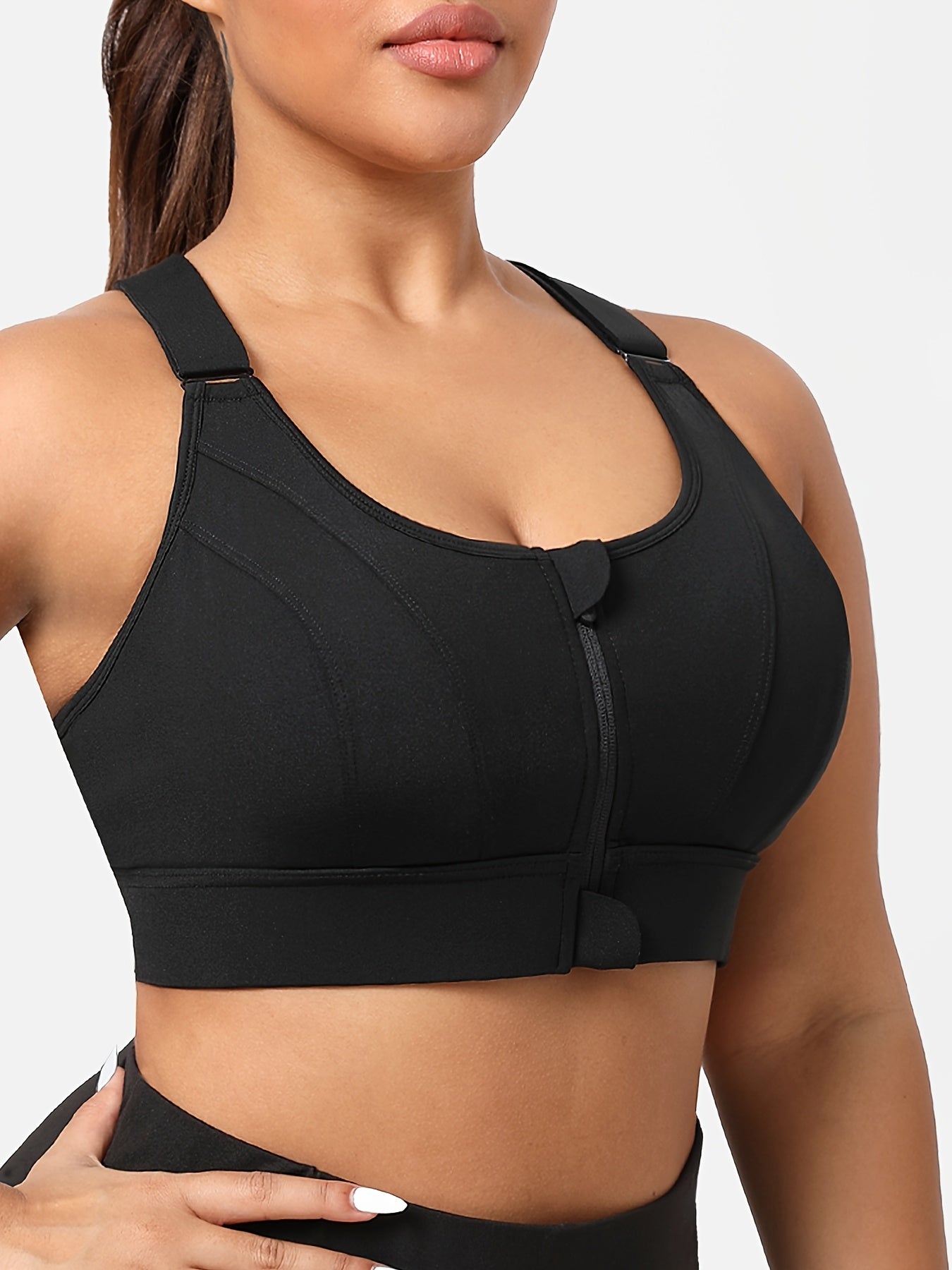 Women's Plus Size Black Sports Bra - Comfort Fit, Adjustable Straps, Front Zipper