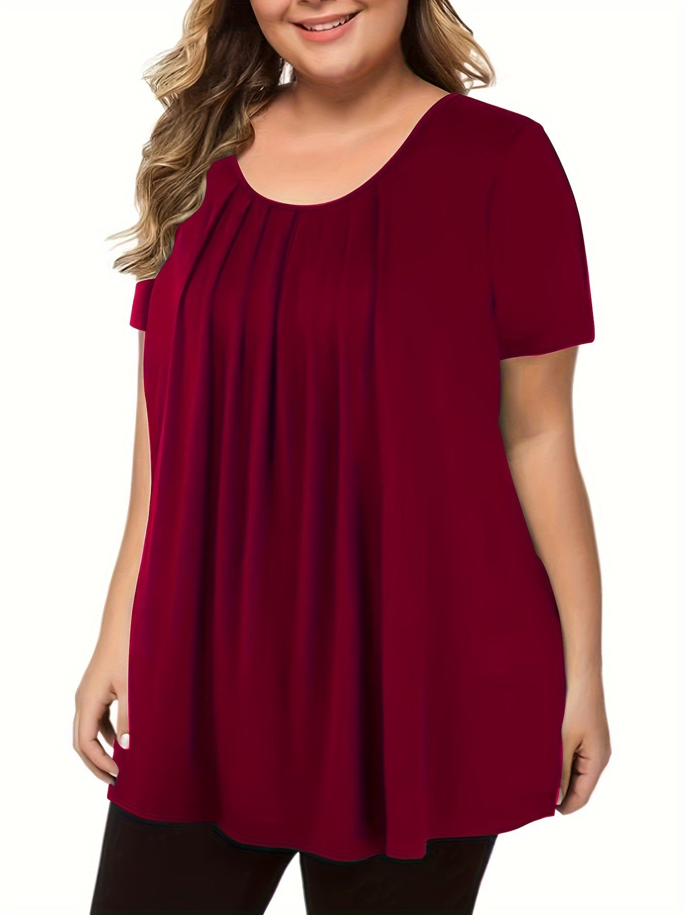 Polyester Elegant Crew Neck Ruched Bust Slight Stretch Knit Fabric Pullovers
