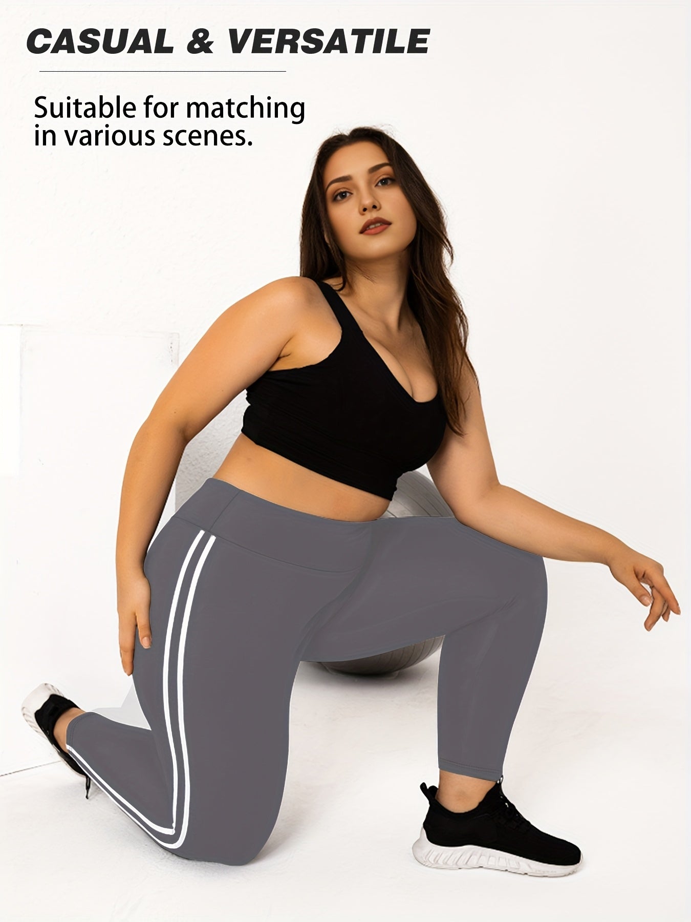 Women's Plus Size High-Waisted Cropped Leggings with Side Stripes