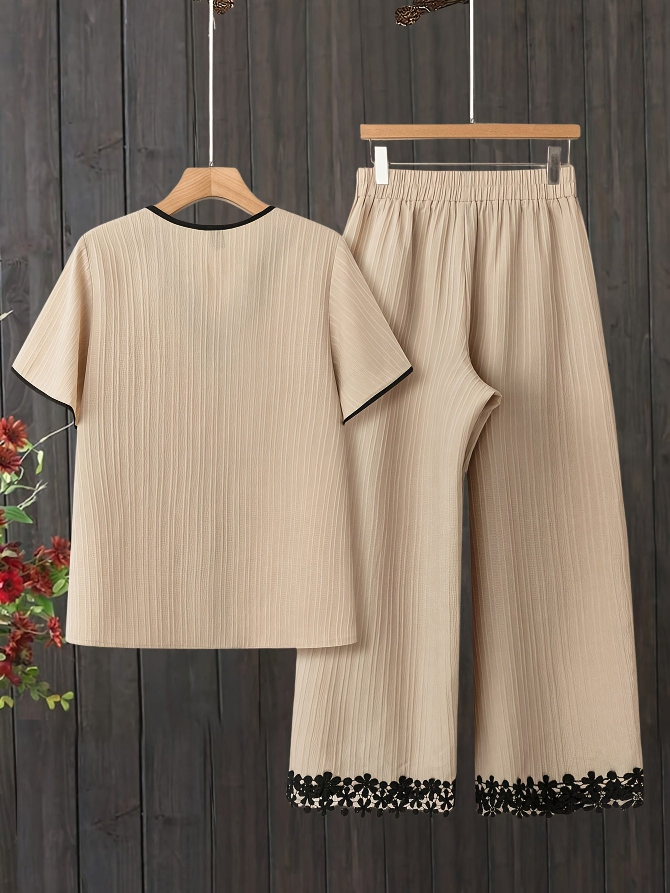 Spring/Summer New Texture Striped Patchwork Lace Solid Color V-neck Short Sleeve Straight Pants