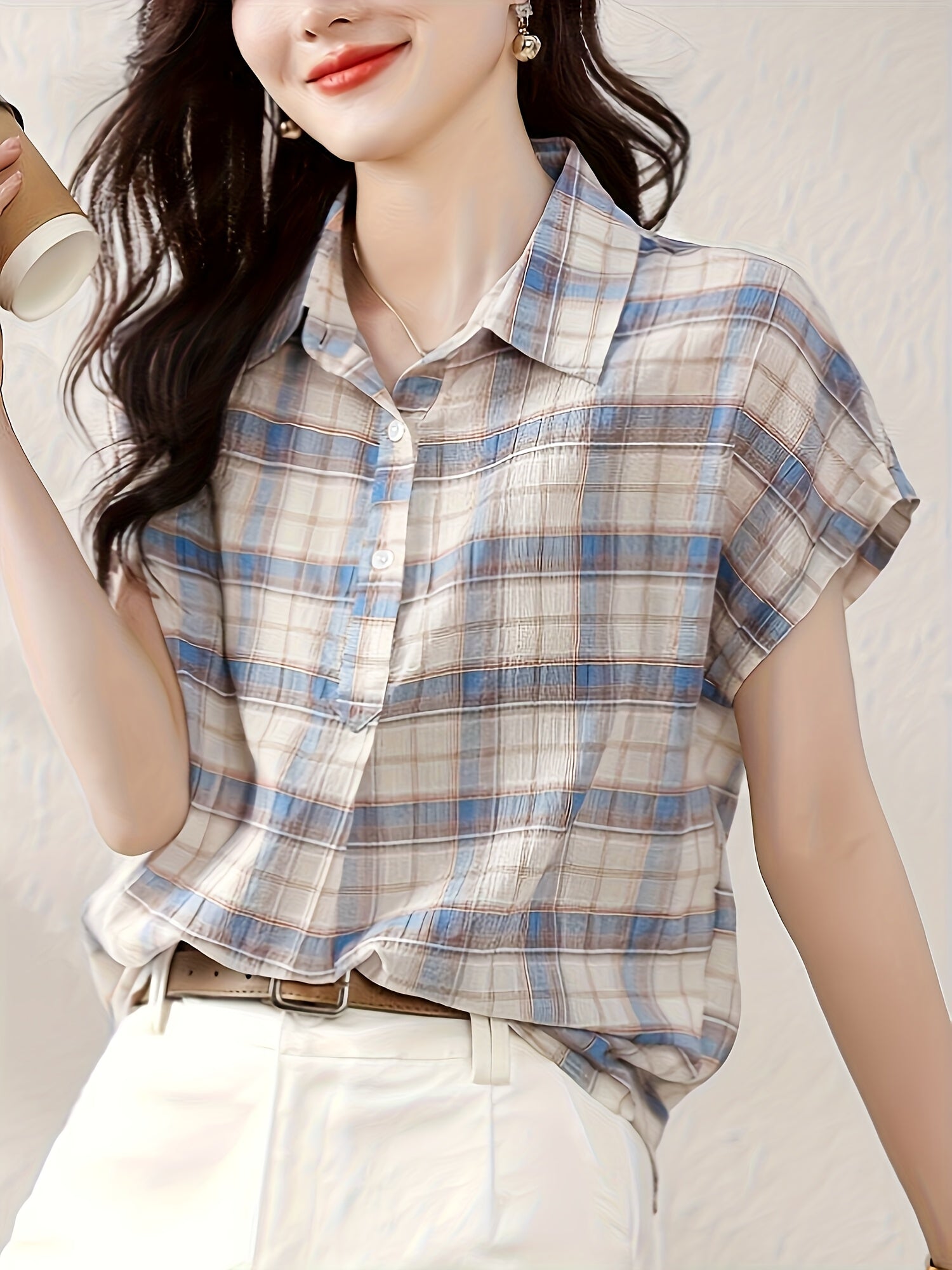 Women's Casual Plaid Blouse - Short Sleeve, Button-Up with Lapel Collar