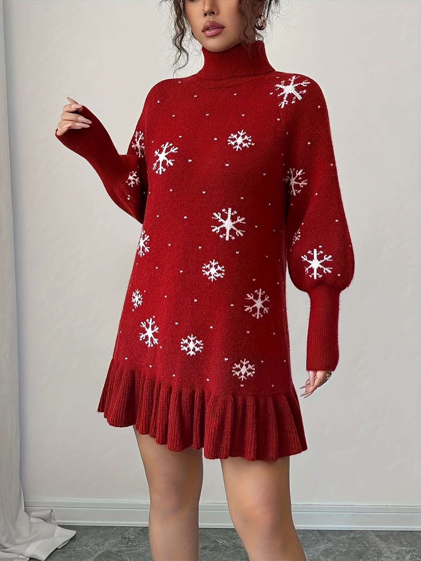 Women's Elegant Red Sweater Dress with Ruffled Hem & Snowflake Pattern Christmas Fall Winter
