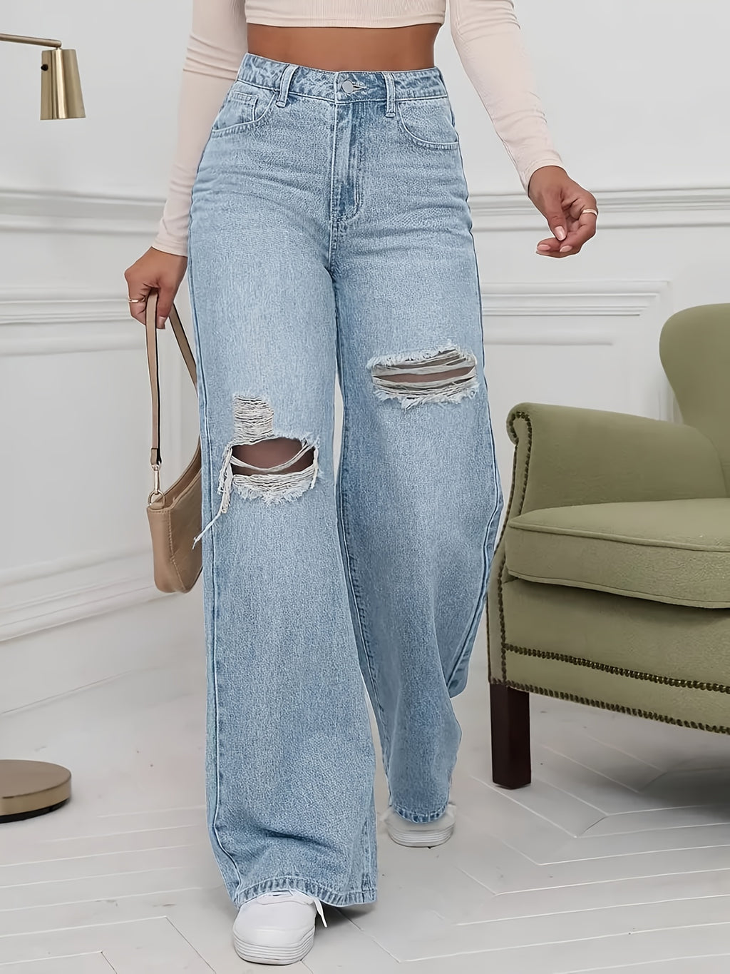 Women's Plus Size High-Waisted Stretch Pants with Distressed Knee Rips