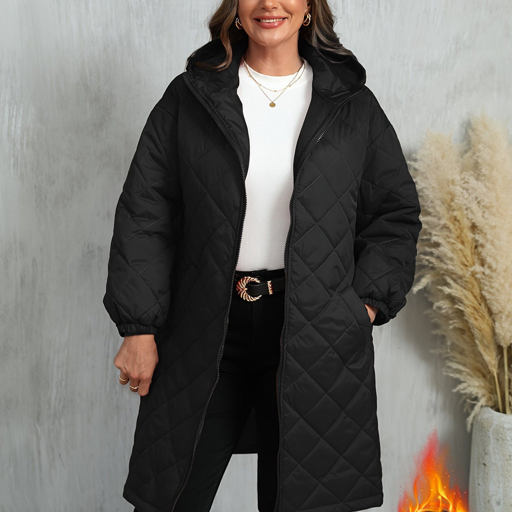 Plus Size, Women's Oversized Elegant Hooded Full-Zip Windproof Winter Coat - Heavy-Duty Warm