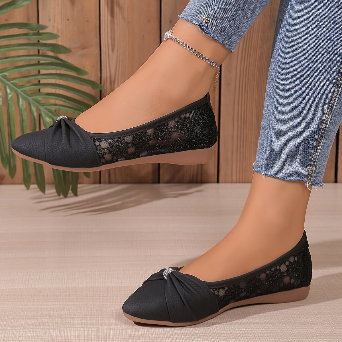 [White Rhinestone Flats] Comfortable White Pointed Toe Flats | Women's Rhinestone Bow Slip-On Shoes with Lace-Trimmed Fabric Upper &