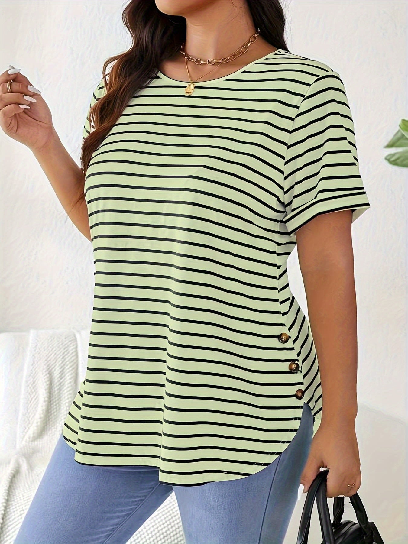 Plus Size Women's Elegant Striped Round Neck T-Shirt - Black & White Horizontal Stripes, Medium Stretch, Button Detail, Spring Summer Fall