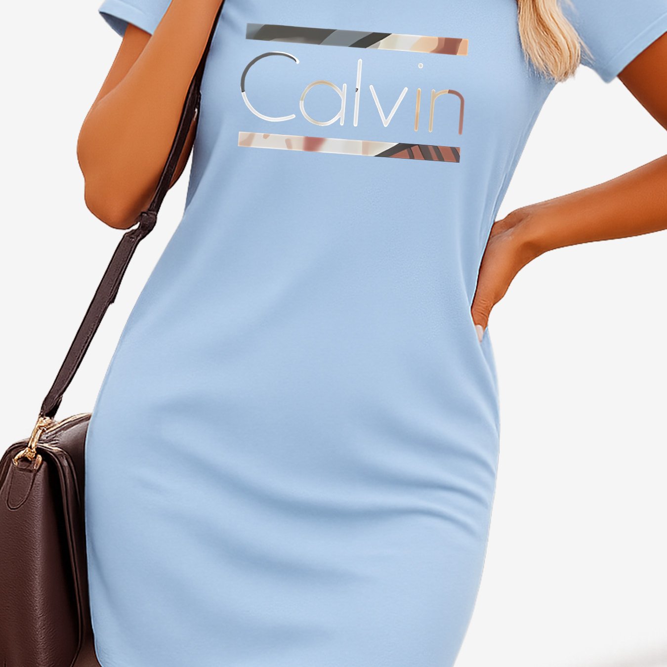 Women'S Plus Size "Calvin" Graphic T-Shirt Dress - Soft Stretch Fabric, Short Sleeve, Round Neck, Pink Casual Summer Dress for Casual Attire,