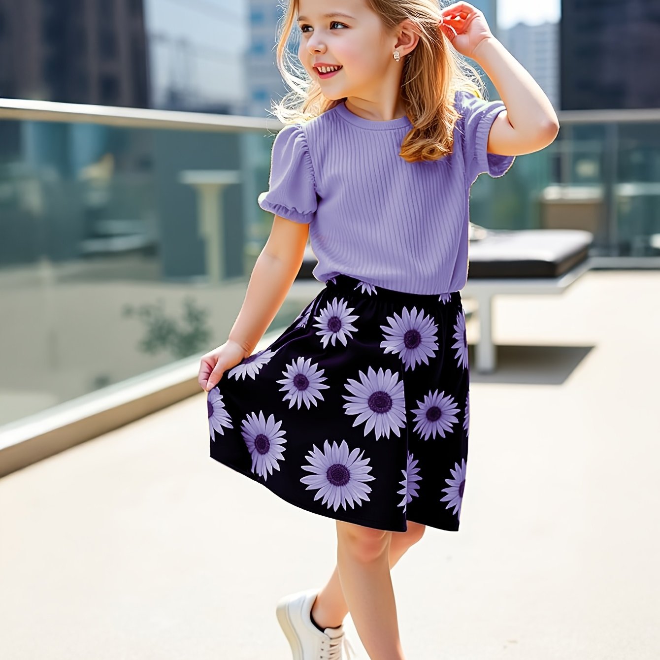 Girls' Sunflower Print Short Sleeve Top + Skirt Set