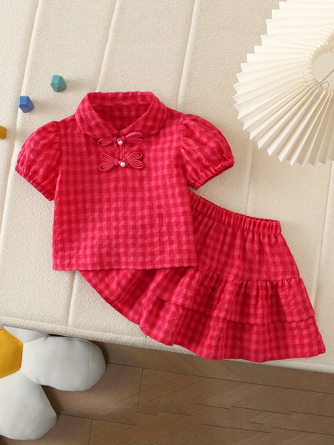 2pcs Korean Style Red Grid Half Sleeve Skirt Set for Youngsters Girls