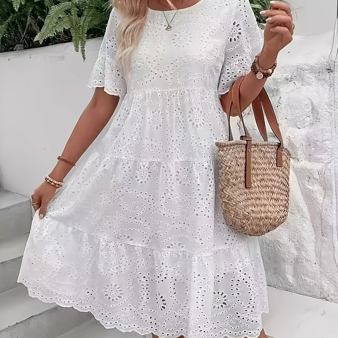 Solid Color Embroidered Lace Dress