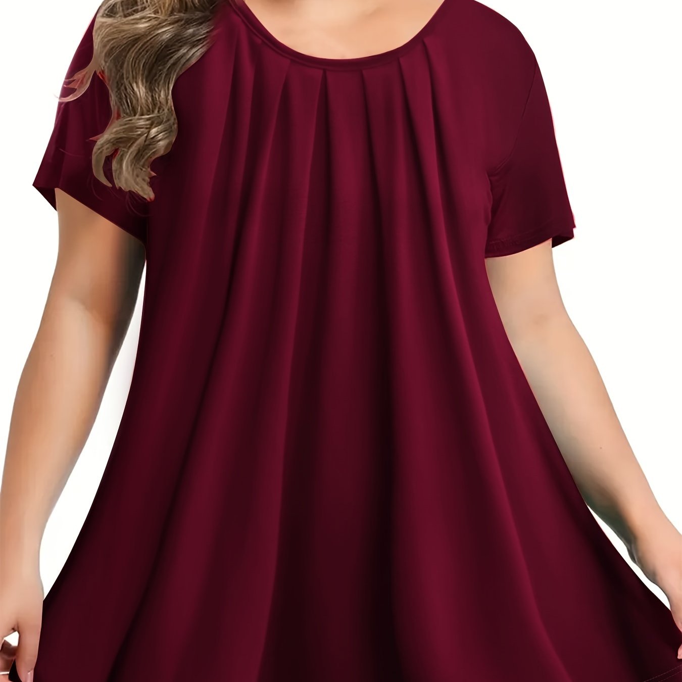 Polyester Elegant Crew Neck Ruched Bust Slight Stretch Knit Fabric Pullovers