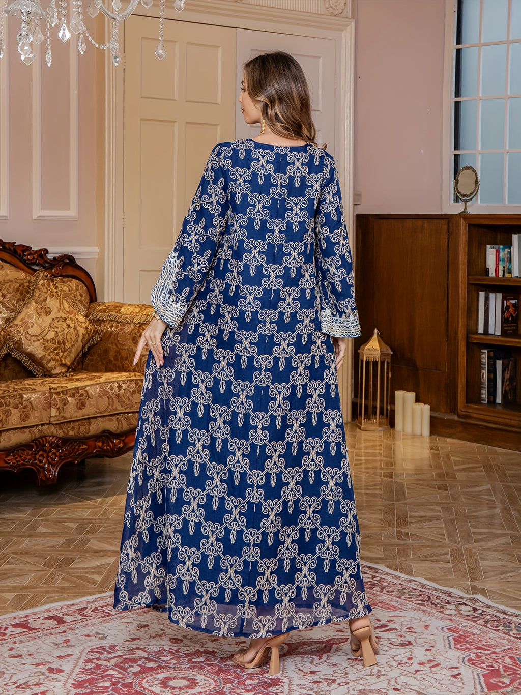 Middle Eastern Embroidered Abaya Long Robe, Light Luxury Evening Gown Two-Piece Dress for Women