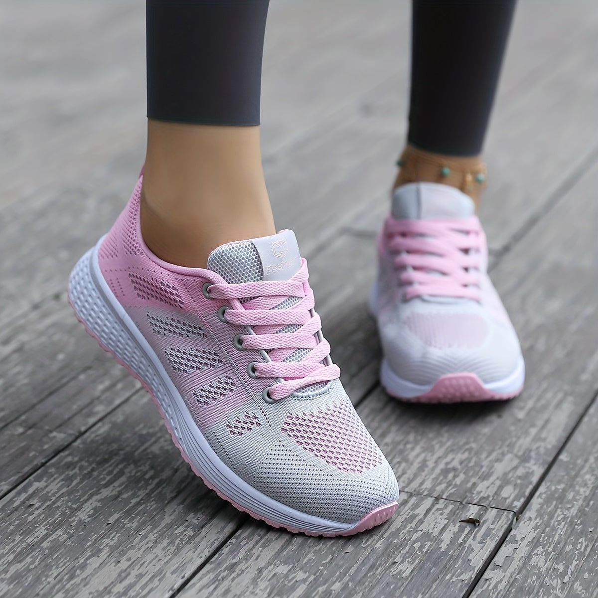 Women's Breathable Mesh Sneakers - Black & Pink Color-Block Design, Comfortable EVA Sole, Lace-Up Low-Top Casual Shoes for All-Season