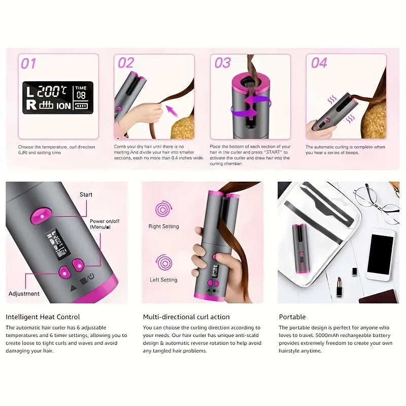 Effortless Cordless Hair Curler - USB Rechargeable, 6 Heating & Timer Settings